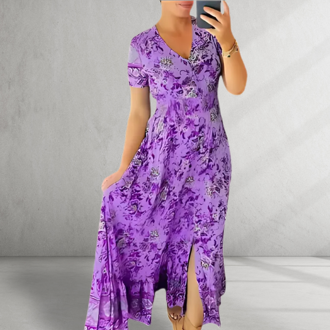 Sarah - Print Cozy V-neck Long Dress