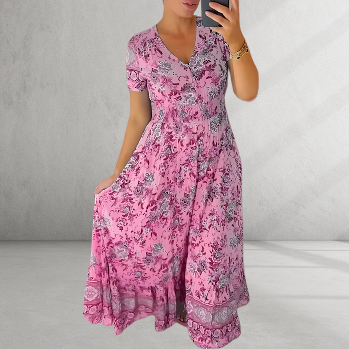 Sarah - Print Cozy V-neck Long Dress